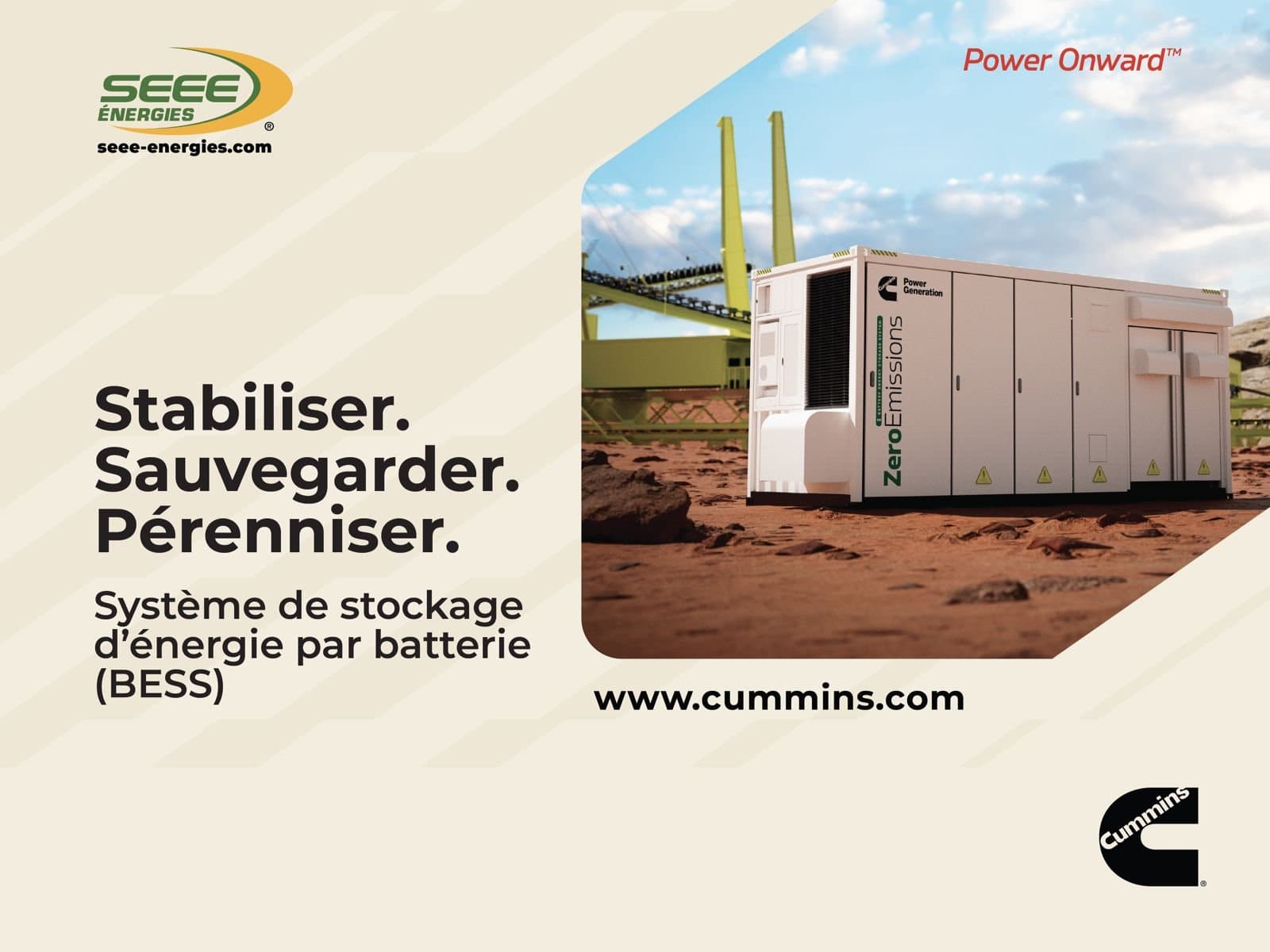Affiche SEEE Énergies : stabiliser, sauvegarder, pérenniser. Système de stockage d'énergie par batterie (BESS) Cummins