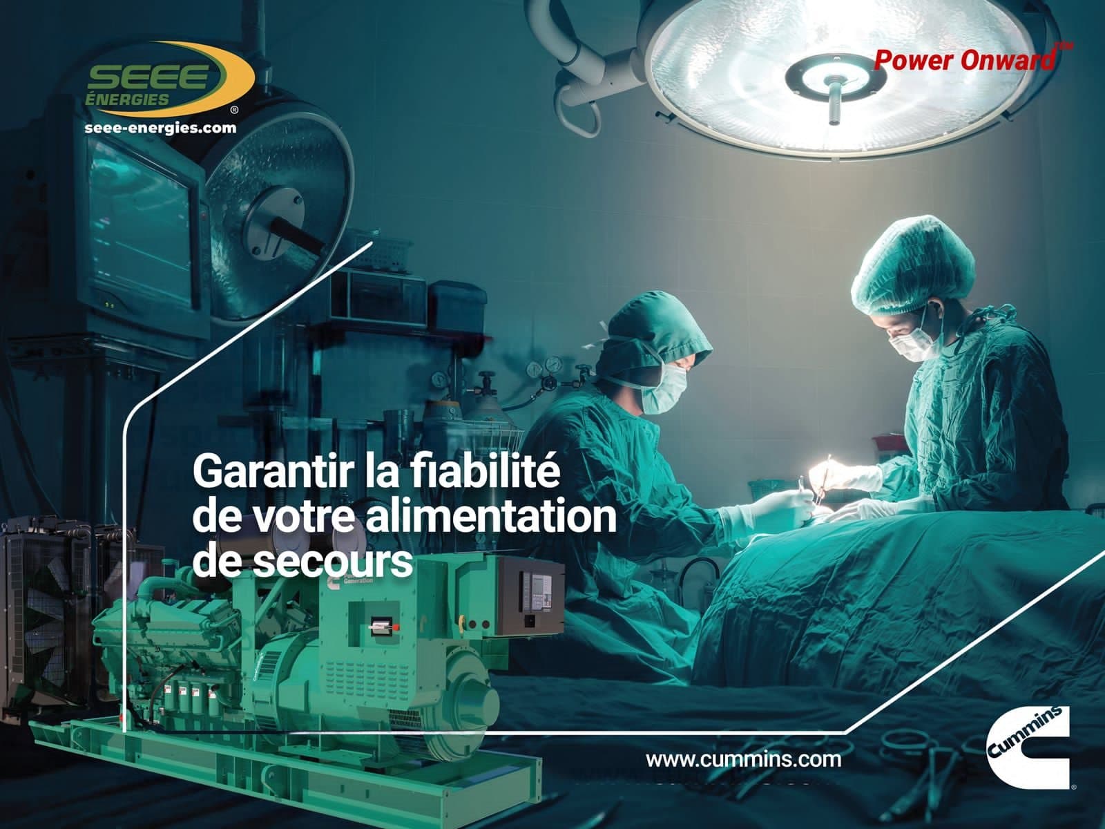 Affiche SEEE Énergies : garantir la fiabilité de votre alimentation de secours, groupe Cummins et bloc opératoire