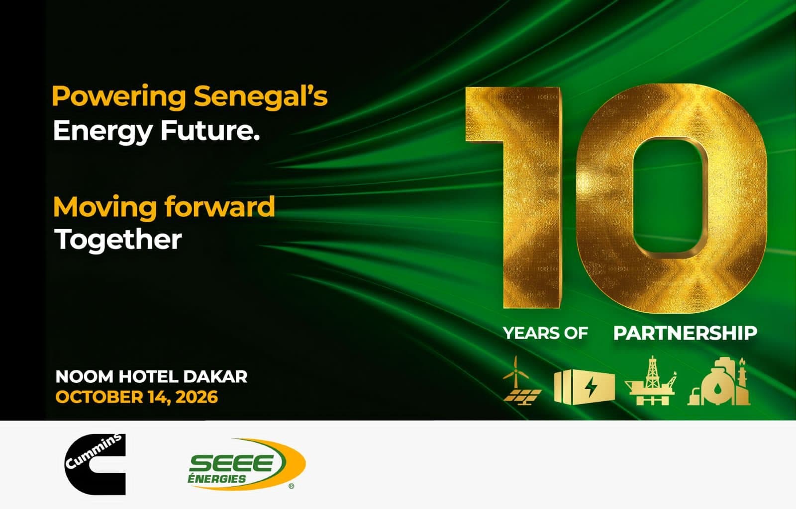 Affiche de l'événement « 10 years of partnership » Cummins et SEEE Énergies, Noom Hotel Dakar, 14 octobre 2026