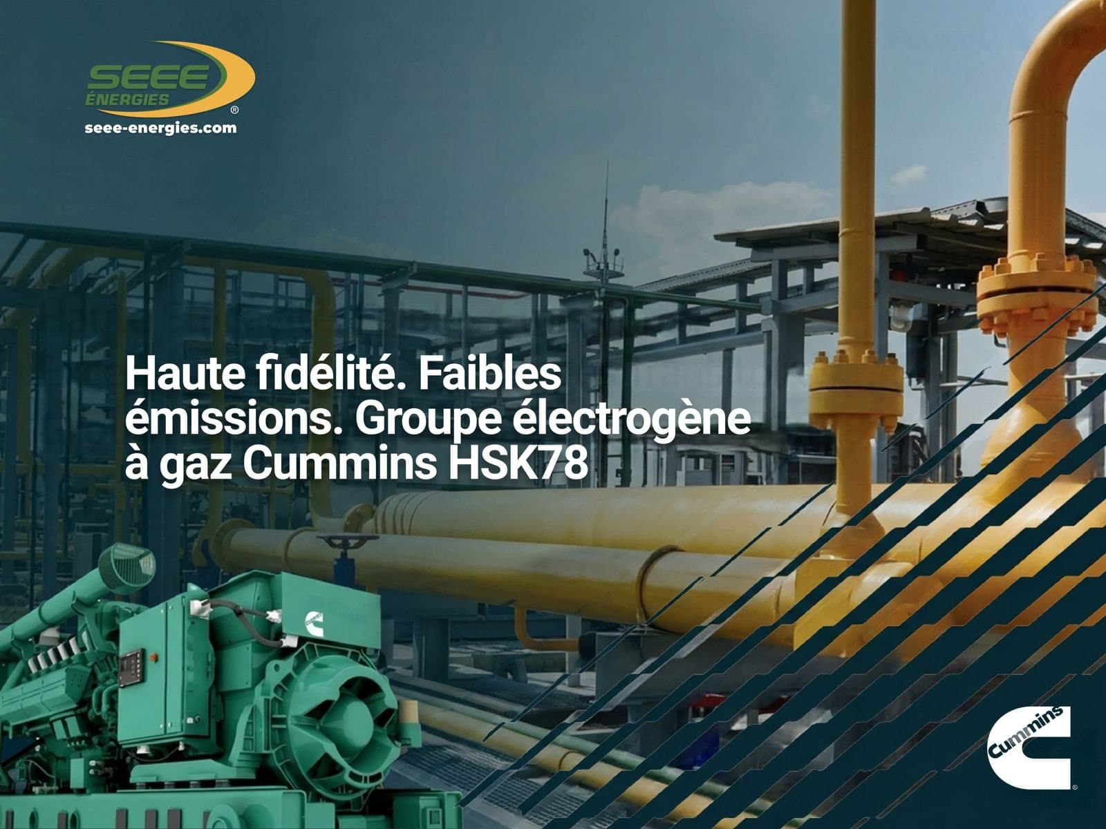 Affiche SEEE Énergies : haute fiabilité, faibles émissions, groupe électrogène à gaz Cummins HSK78